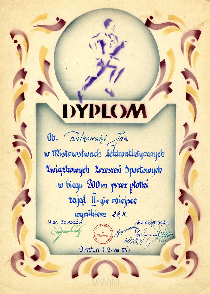 KKE 3252.jpg - Dyplom, Jana Rutkowskiego za II m. skok przez płotki, Olsztyn, 1953 r.